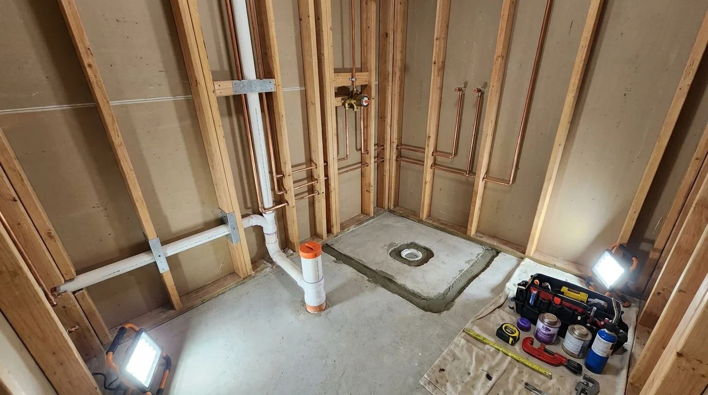 Bathroom rough-in plumbing during remodel by Johns Plumbing LLC in Awendaw