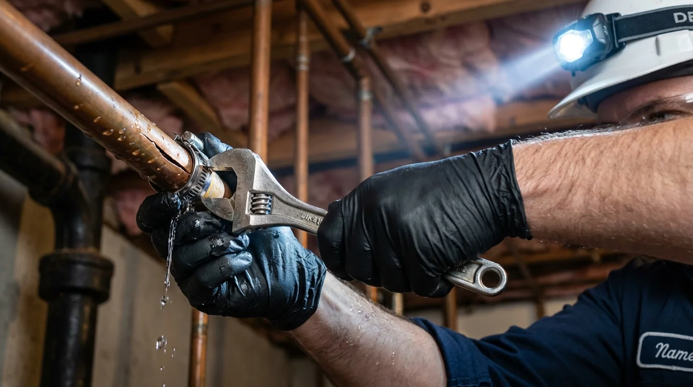 Emergency pipe clamp repair being performed by a Johns Plumbing LLC plumber in Awendaw