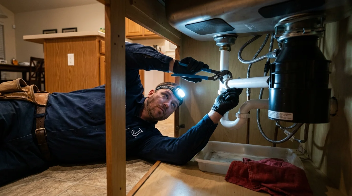 P-trap and supply line connections under a kitchen sink showing a common leak point in Awendaw, SC